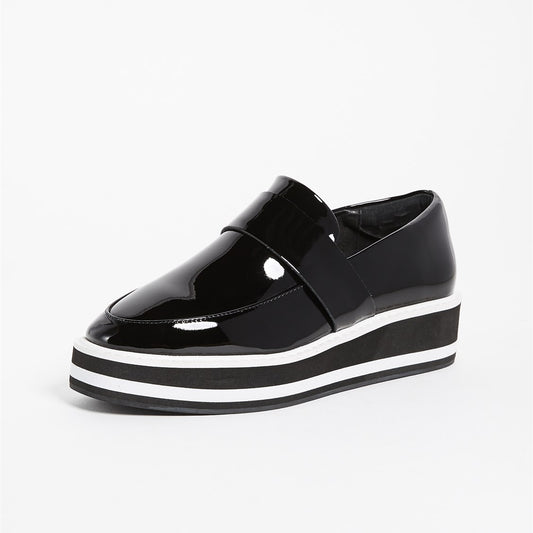 Black Patent Leather Round Toe Platform Loafers for Women