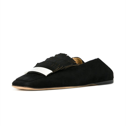 Black Vegan Suede Square Toe Flats Fringe Loafers for Women