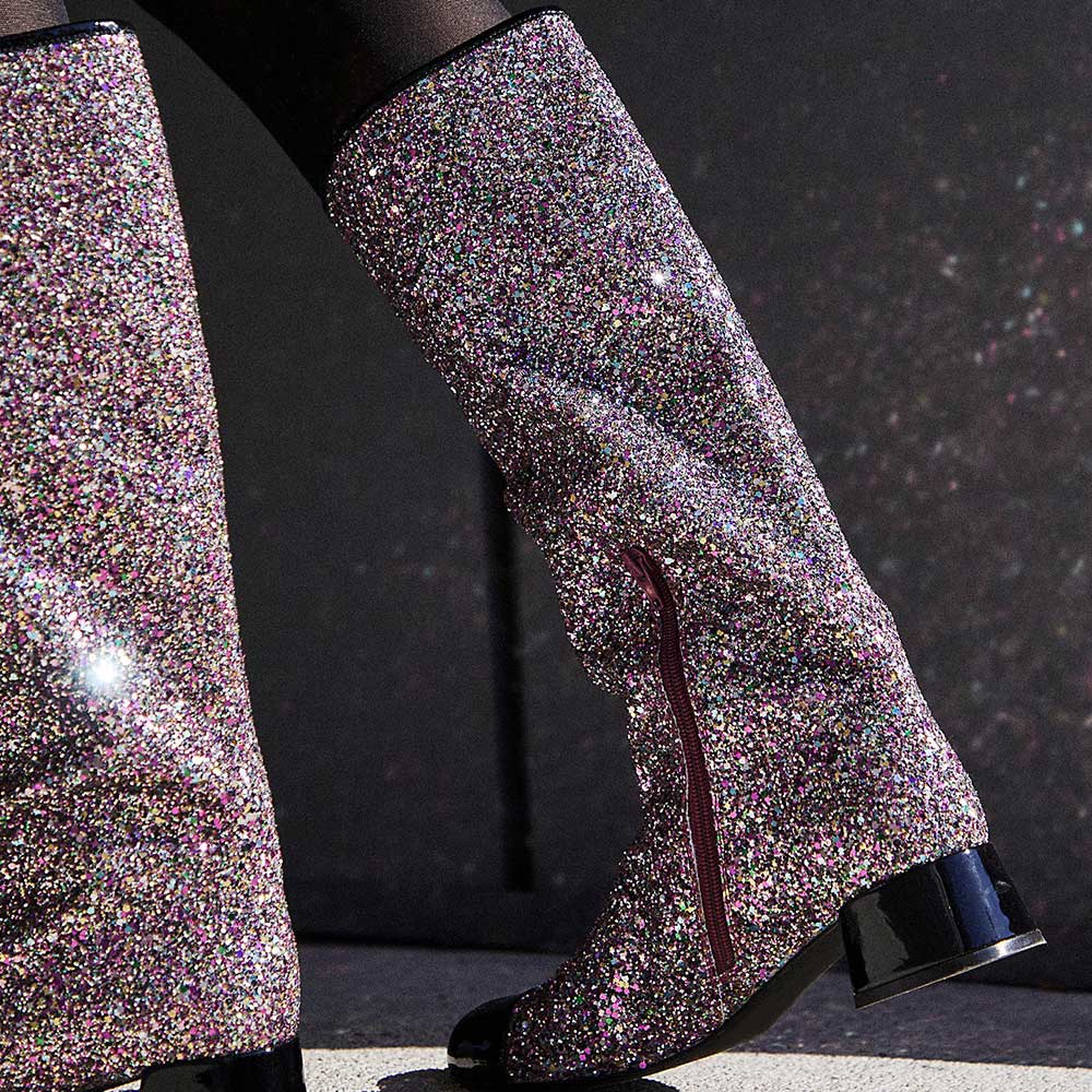 Black & Purple Glitter Round Toe Block Heel Knee High Boots