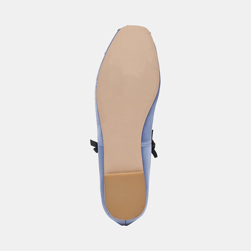 Light Blue Satin Pleated Square Toe Bow Ballet Flats with A Strap