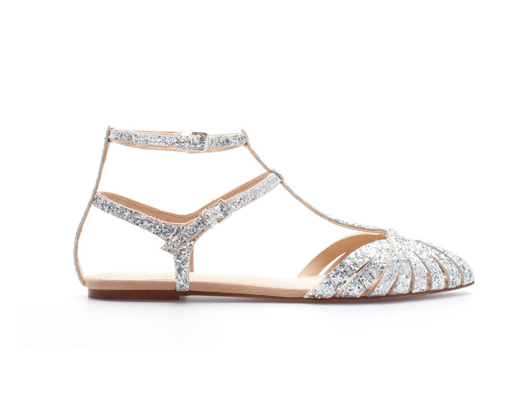 Silver Glitter Wedding Flats Pointed Toe Cut Out T-Strap Sandals