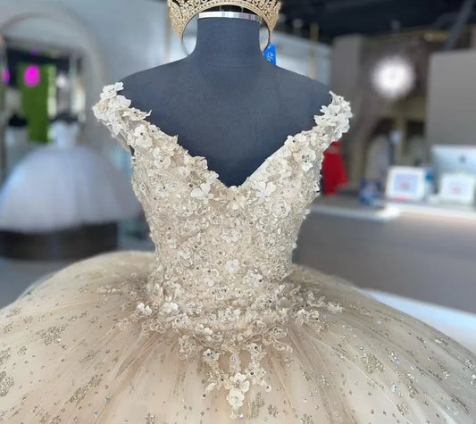 Elegant Ivory V-neck Applique Sweet 16 Quinceanera A-Line Prom Dress Birthday Dress Evening Dress Ball Gown TP4527
