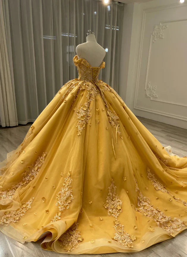 Beautiful Yellow Sweetheart Applique Off-the-shoulder Beaded Sweet 16 Quinceanera A-Line Tulle Floor-length Prom Dress Birthday Dress Evening Dress Ball Gown TP4548