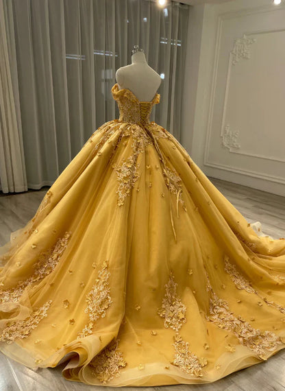 Beautiful Yellow Sweetheart Applique Off-the-shoulder Beaded Sweet 16 Quinceanera A-Line Tulle Floor-length Prom Dress Birthday Dress Evening Dress Ball Gown TP4548