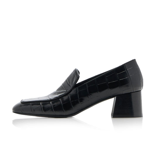 Black Croco Embossed Square Toe Block Heeled Loafers for Women
