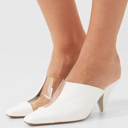 White Square Toe Cone Heel Clear PVC Patchwork Mules for Women