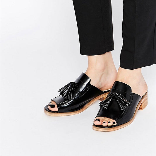 Black Open-Toe Tassel Decor Block Heel Mules Shoes
