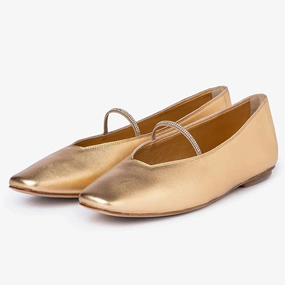 Women's Gold Metallic Finish Square Toe Rhinestone Trim Strap Flats