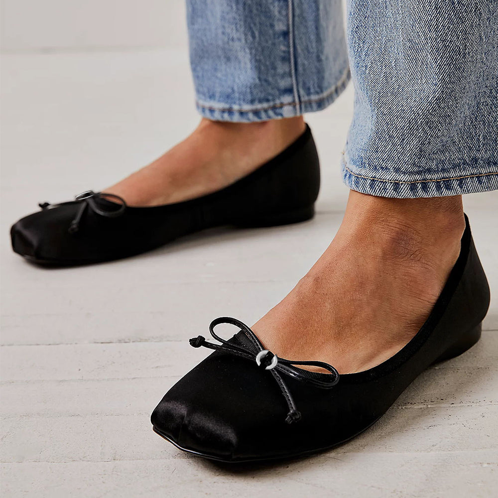 Black Satin Square Toe Flats With Bow Decor Women's Flats