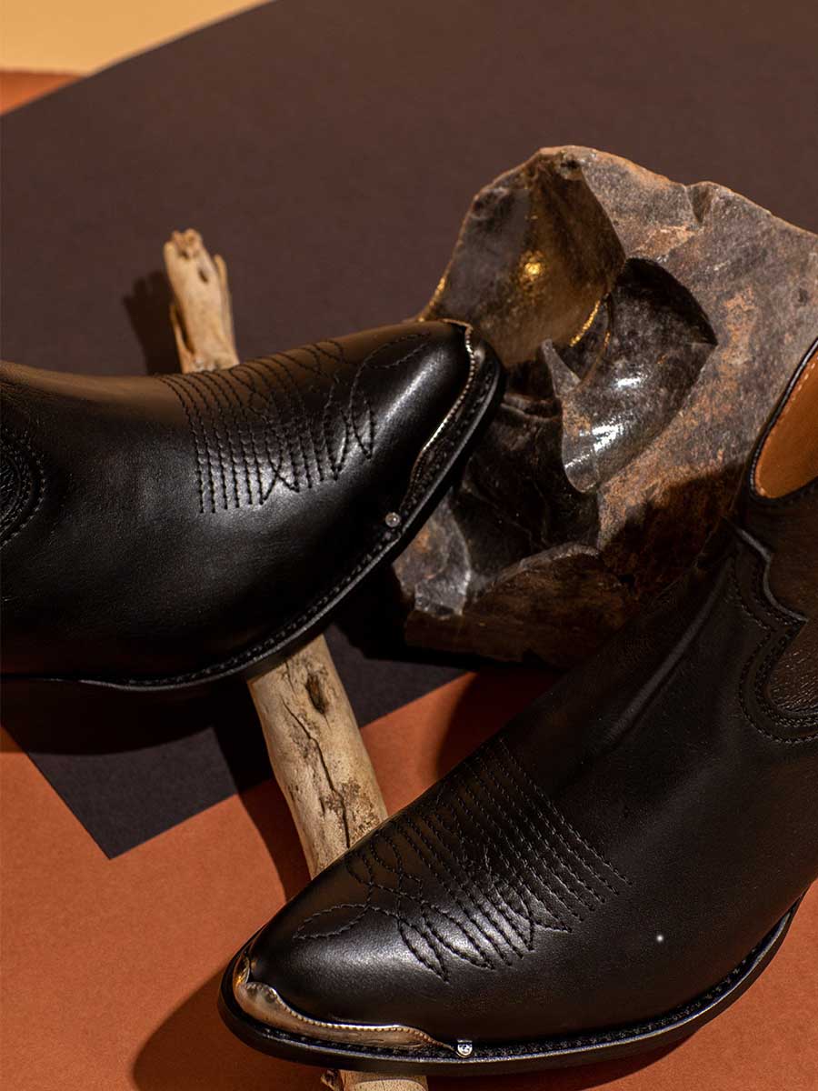 Black Vegan Leather Pointed Toe Side-Zipped Block Heeled Cowgirl Ankle Boots