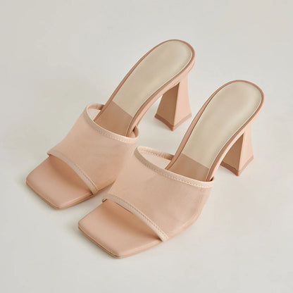 Women's Nude Open Square Toe Sandals Slip-On Mesh Mule Heels