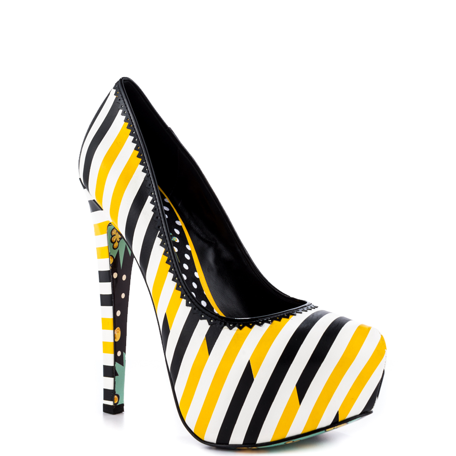 Yellow and Black Striped Print Closed Toe High Heels Platform Pumps