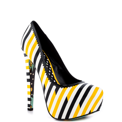 Yellow and Black Striped Print Closed Toe High Heels Platform Pumps
