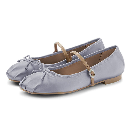 Gray Satin Round Toe Bow Decor Buckle Strap Classic Ballet Flats