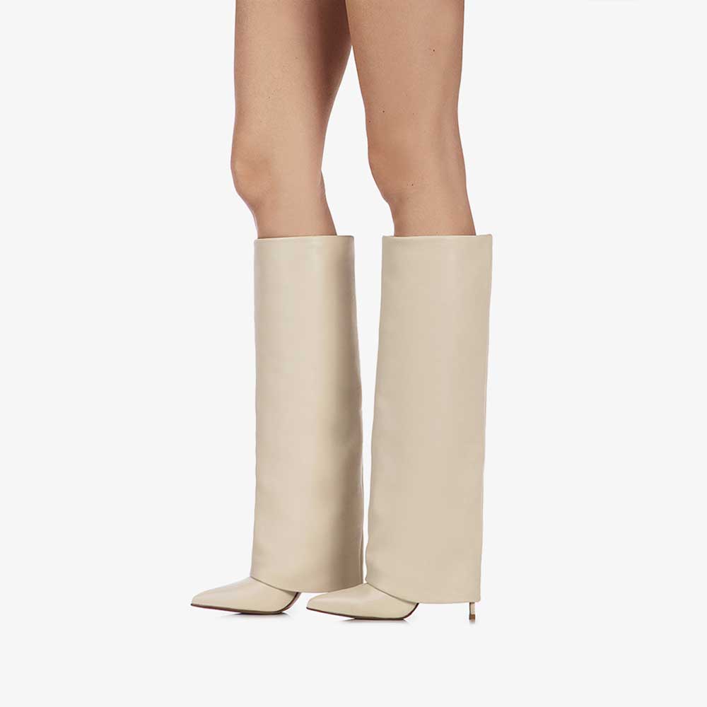Beige Pointed Toe Stiletto Heel Fold Over Wide Claf Knee High Boots