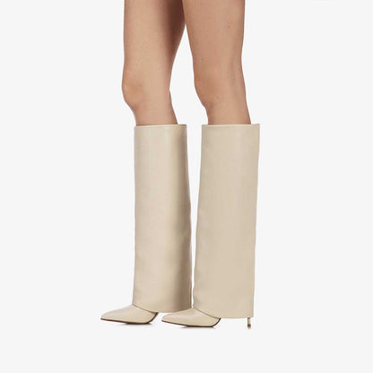 Beige Pointed Toe Stiletto Heel Fold Over Wide Claf Knee High Boots
