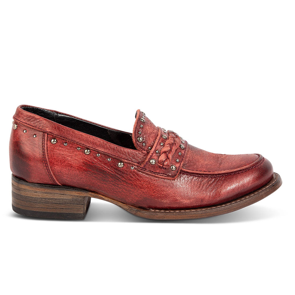 Maroon Distressed Block Heel Slip On Studded Low Heeled Loafers Women