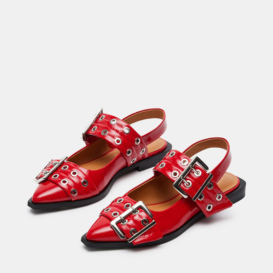 FSJ Red Pointed Toe Slingback Shoes Grommet Buckle Strap Flats