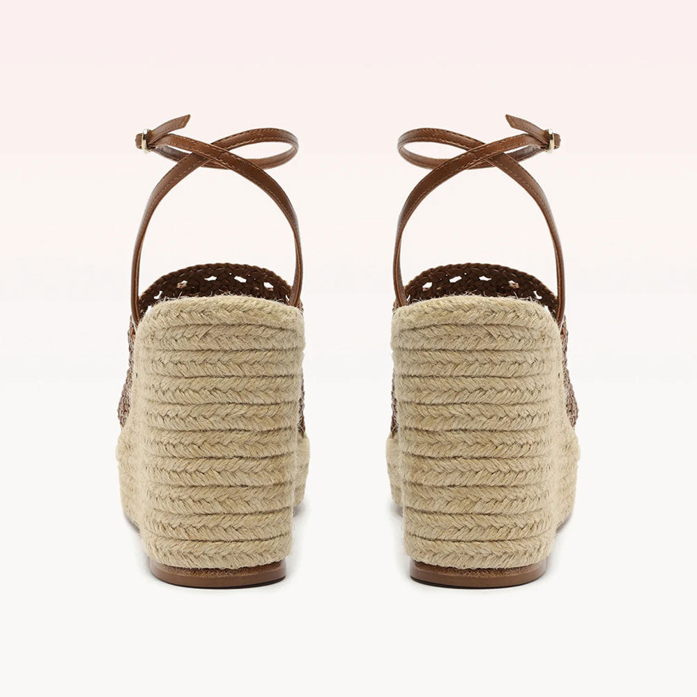 Brown & Beige Woven Buckled Ankle Strap Platform Wedge Sandals
