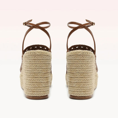 Brown & Beige Woven Buckled Ankle Strap Platform Wedge Sandals