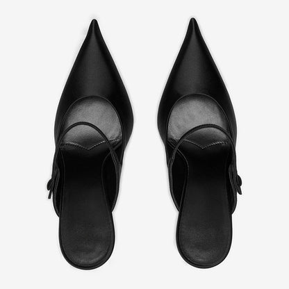 Black Closed Pointed Toe Stiletto Heel Buckled Strap Mules for Women