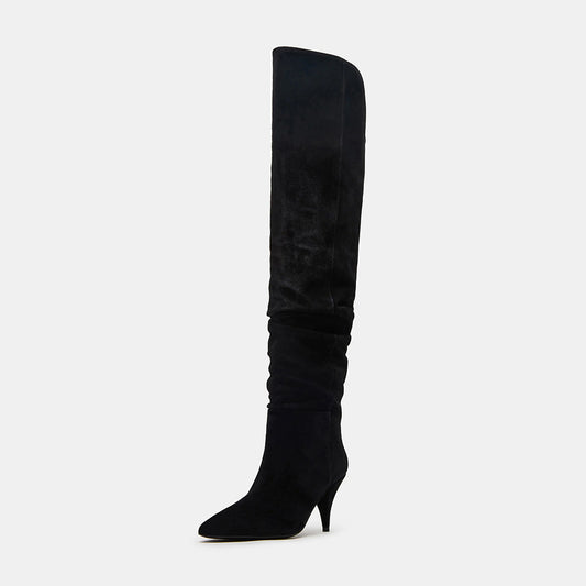 Black Vegan Suede Pointed Toe Cone Heel Pleated  Over The Knee Boots
