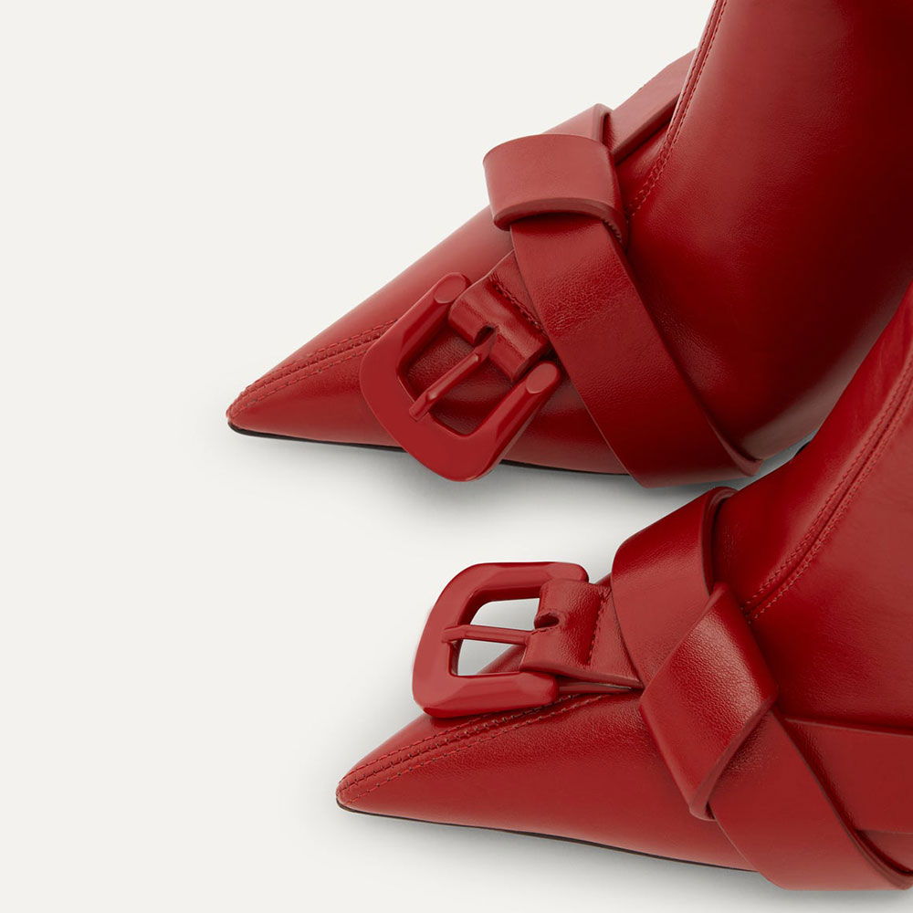 Striking Red Pointy Toe 4 Inch Heel Knee High Boots with Buckle Knots