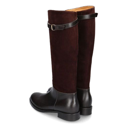 Brown Patchwork Round Toe Flat Knee High Boots with Buckle Strap