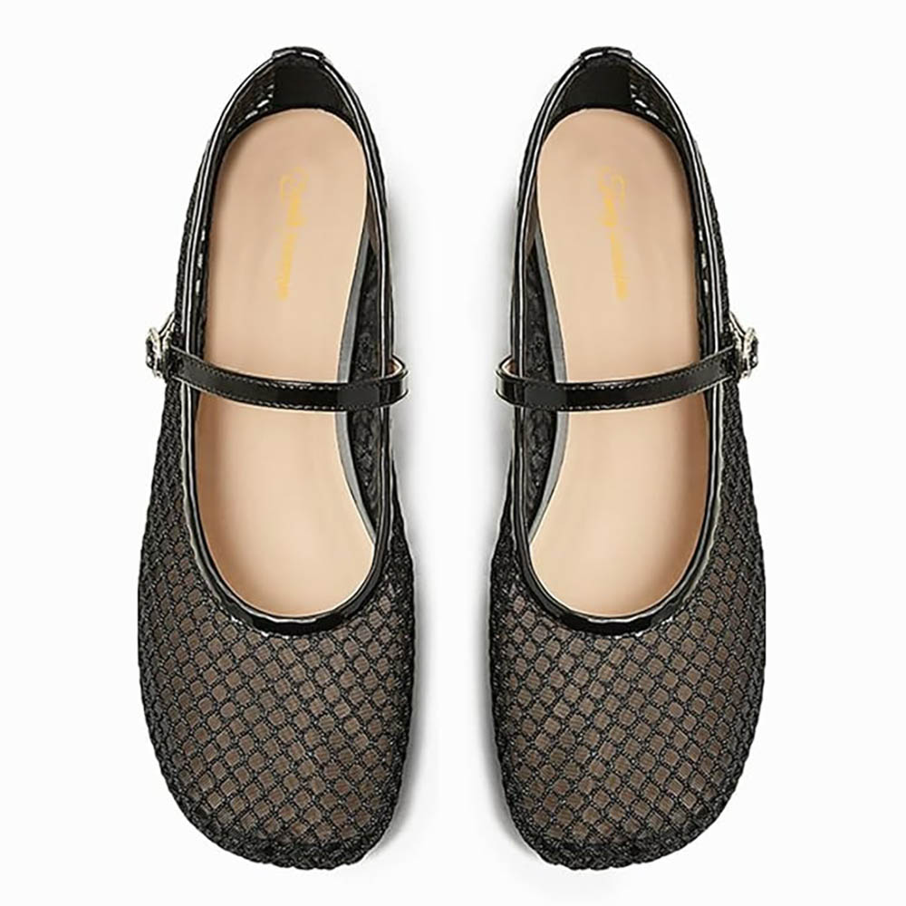 Black Square Toe Buckle Strap Women's Classic Mesh Flats