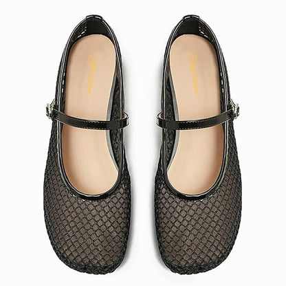 Black Square Toe Buckle Strap Women's Classic Mesh Flats
