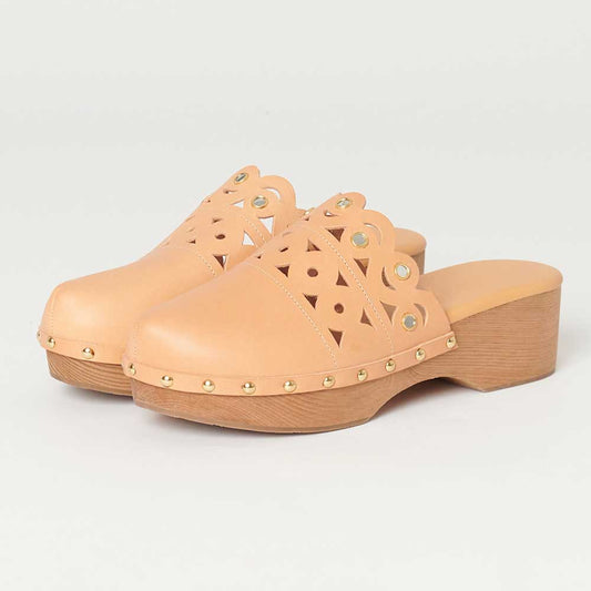 Beige Round Toe Studded Platform Mules Perforated Heeled Clogs