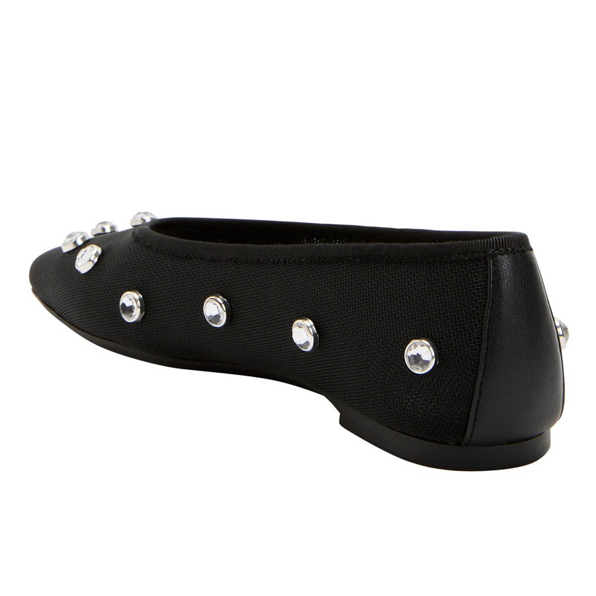 Mesh Rhinestone Studs Square Toe Black Ballet Flats for Women