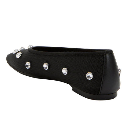 Mesh Rhinestone Studs Square Toe Black Ballet Flats for Women