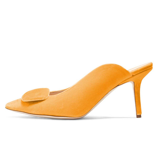 Women's Orange Velvet Pointed Toe Stiletto Heel Mules Shoes