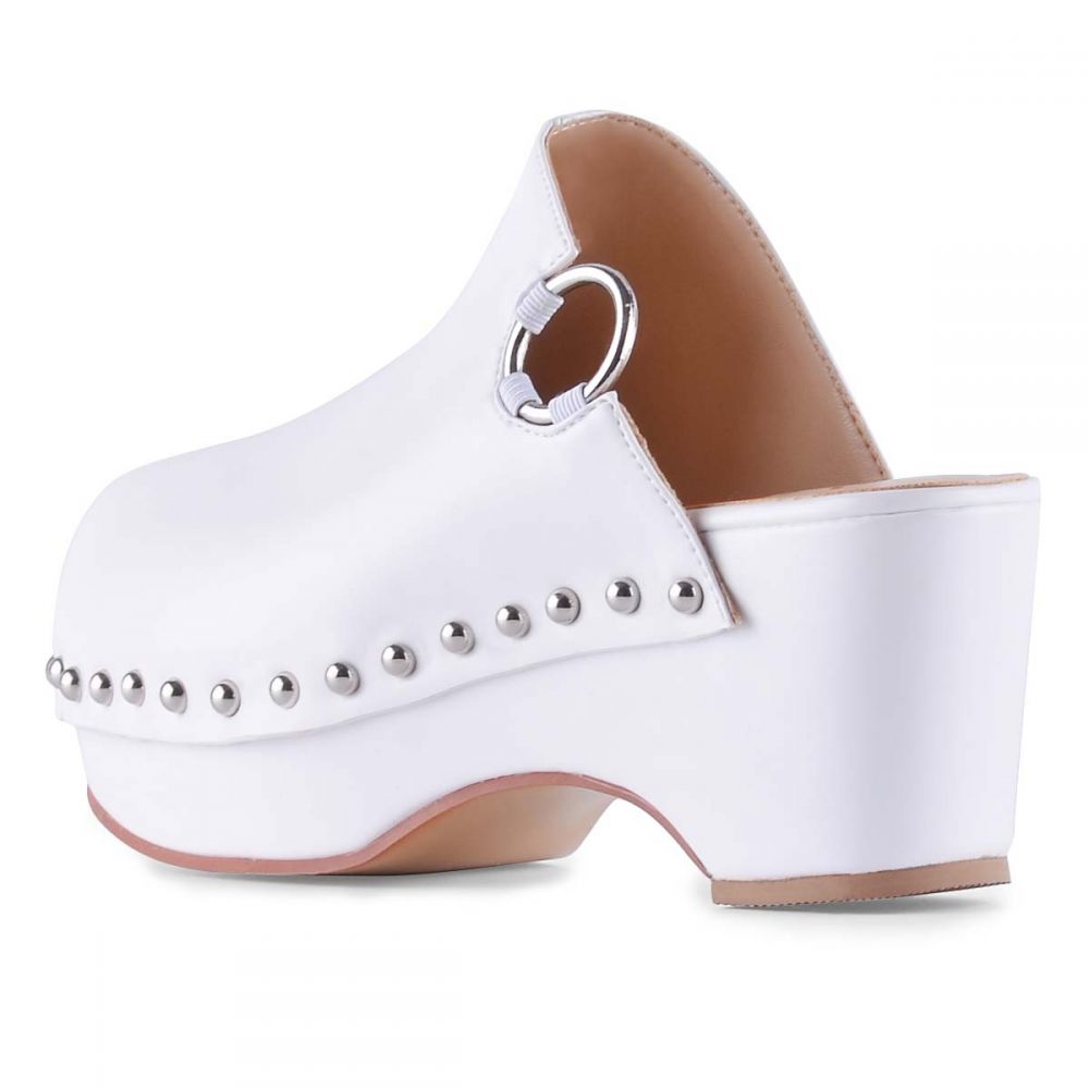White Round Toe Clogs Chunky Heel Platform Mules with Studs