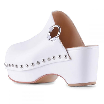 White Round Toe Clogs Chunky Heel Platform Mules with Studs