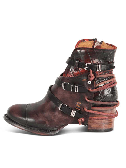 Brown Distressed Vegan Leather Round Toe Buckled Strappy Black Lacing Side-Zipper Ankle Boots With Chunky Heels