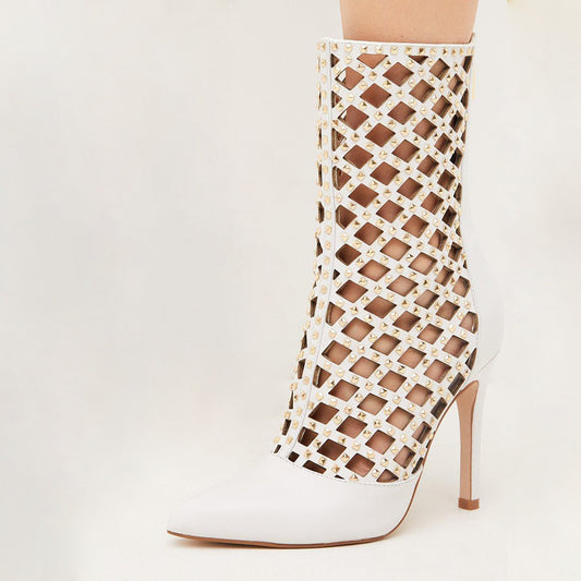 White Pointed Boots Cutout Ankle Boots