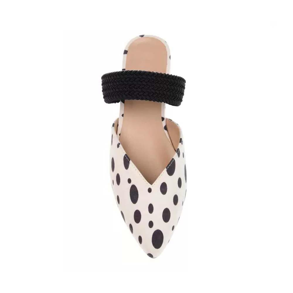 White Pointed Toe Polka Dots Slingback Mules With Strap Flats