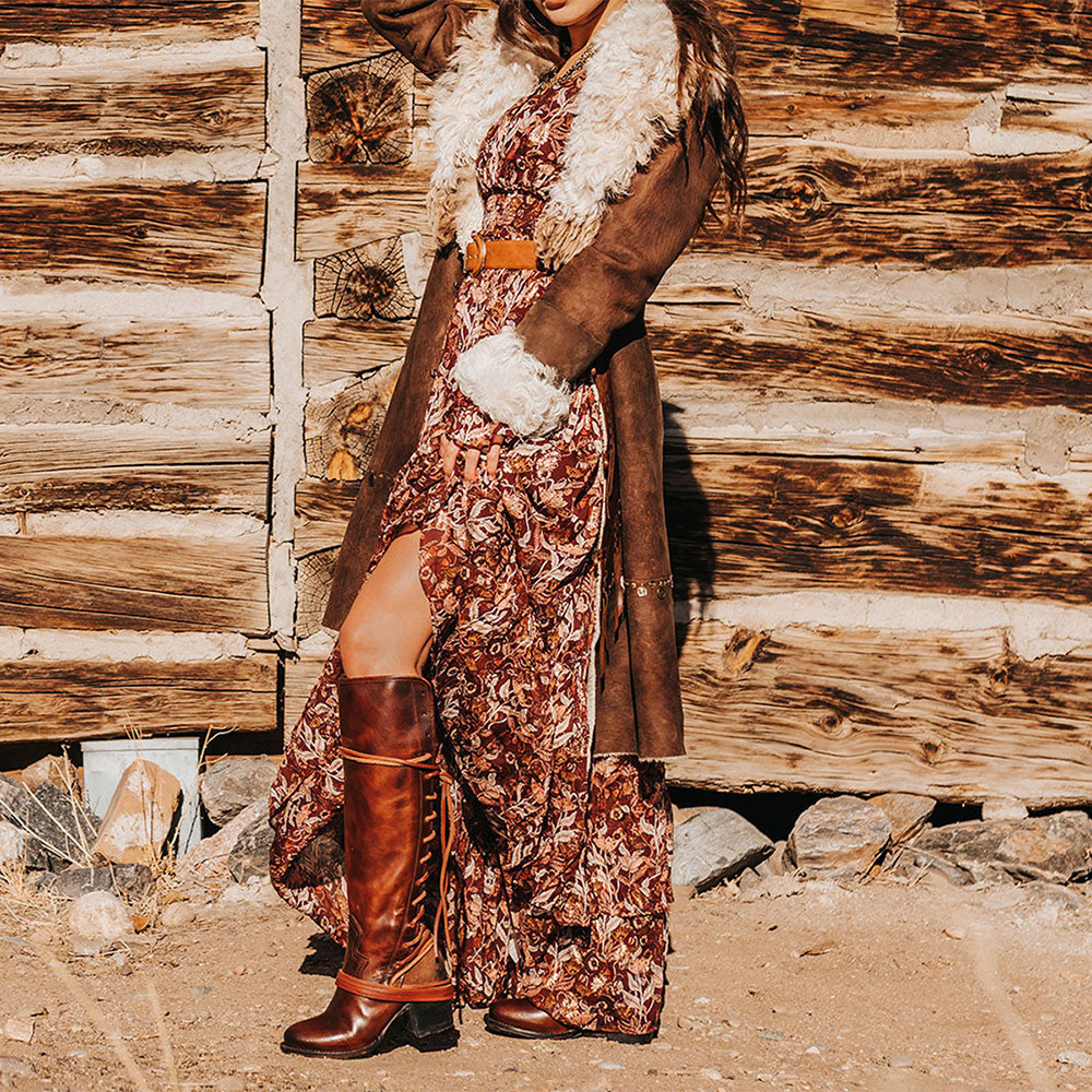 Brown Round Toe Chunky Heel Lace Up Vintage Knee High Boots