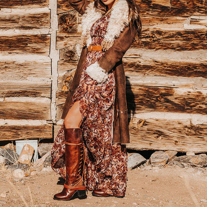 Brown Round Toe Chunky Heel Lace Up Vintage Knee High Boots