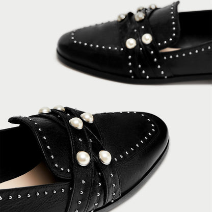Black Closed-Toe Pearl Studs Strappy Flats Women's Loafers