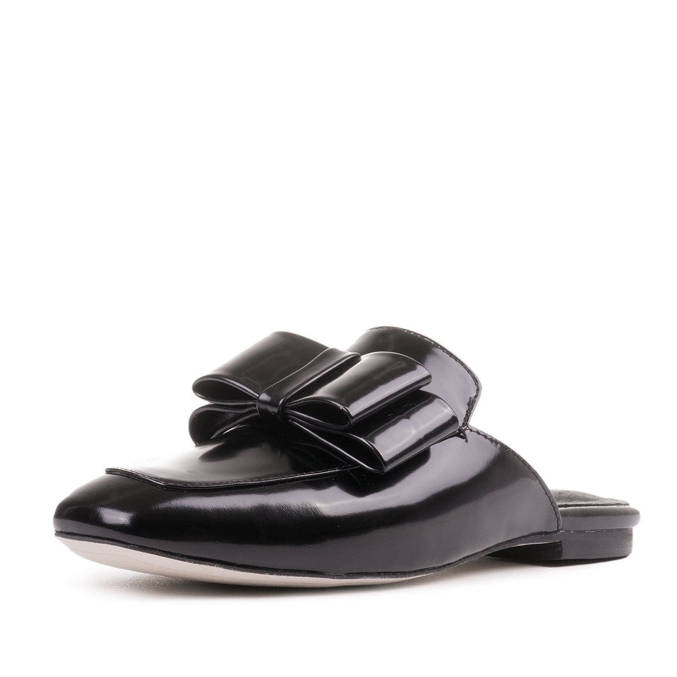 Black Vintage Bow Patent Leather Flat Mule Loafers for Women