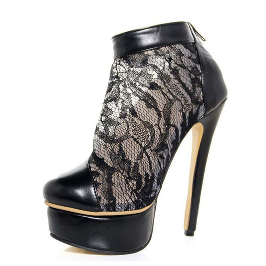 Women's Black Ankle Buckle Booties Lace Platform Stiletto Ankle Boots
