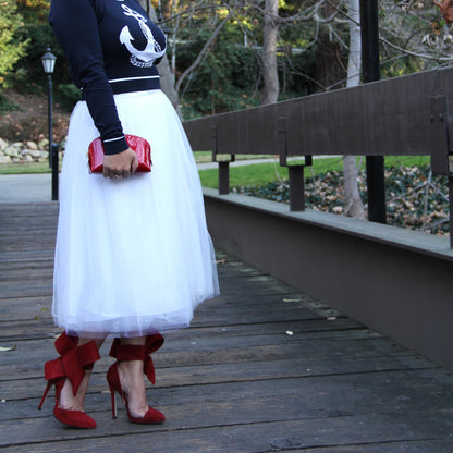Red Vegan Suede Stiletto Heels Pointy Toe Ankle Strap Pumps with Bow