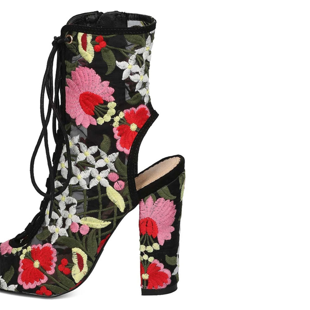 Black Sheer Mesh Peep Toe Lace Up Embroidered Block Heel Ankle Boots