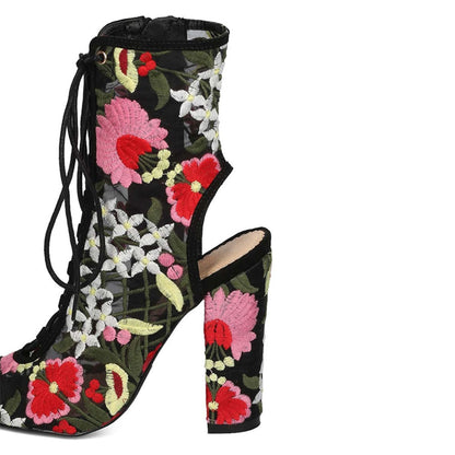 Black Sheer Mesh Peep Toe Lace Up Embroidered Block Heel Ankle Boots