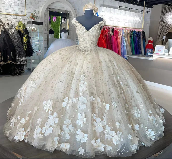 Elegant Ivory V-neck Applique Sweet 16 Quinceanera A-Line Prom Dress Birthday Dress Evening Dress Ball Gown TP4527