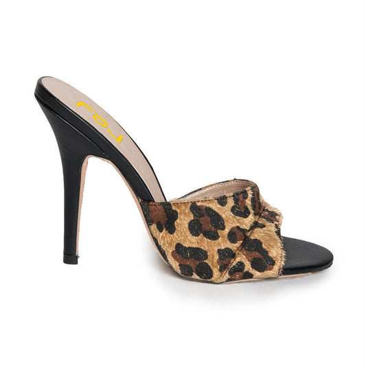Brown Leopard Print Faux Horse Hair Peep Toe Mule Heels