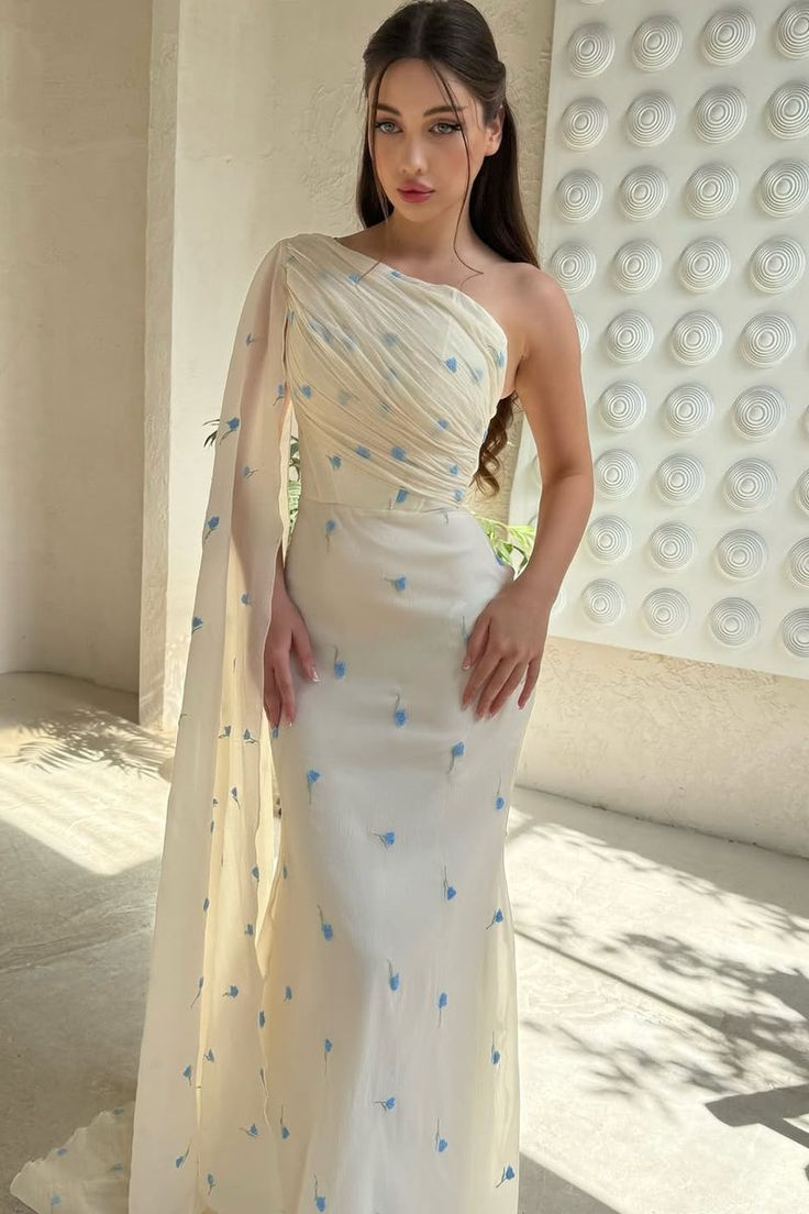 Pretty Asymmetrical One Shoulder Chiffon Mermaid Prom Dresses Column With Ruffle cg26155